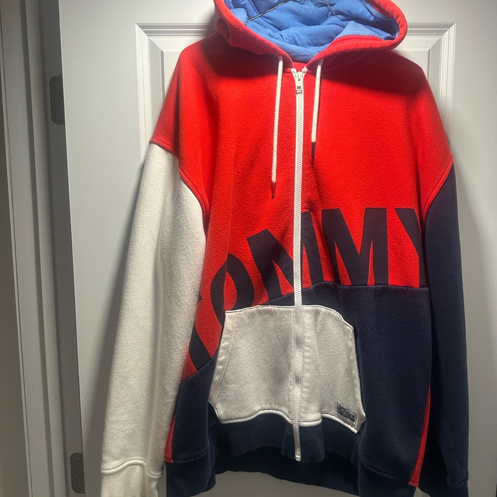 Tommy Hilfiger Men's Red, White, and Blue Zip-Up Sweater and Sweatpants Set